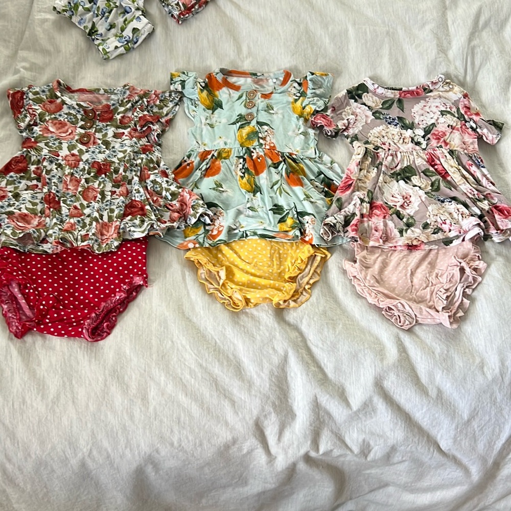 Posh Peanut Bundle of three bummie sets 12-18 months polka dots floral oranges